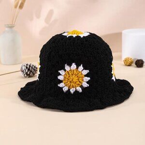 One Handmade Crochet Sunflower Decorated Color Blocking Bucket Hat For Women